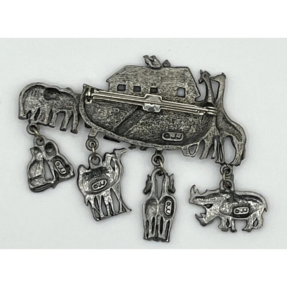 Vintage Pewter JJ Jonette Noah's Ark Brooch Pin Animal Dangles Charms Camel Lion